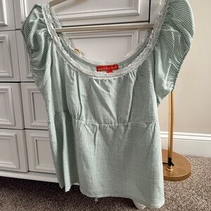 Socialite Mint Gingham Blouse with Lace Trim